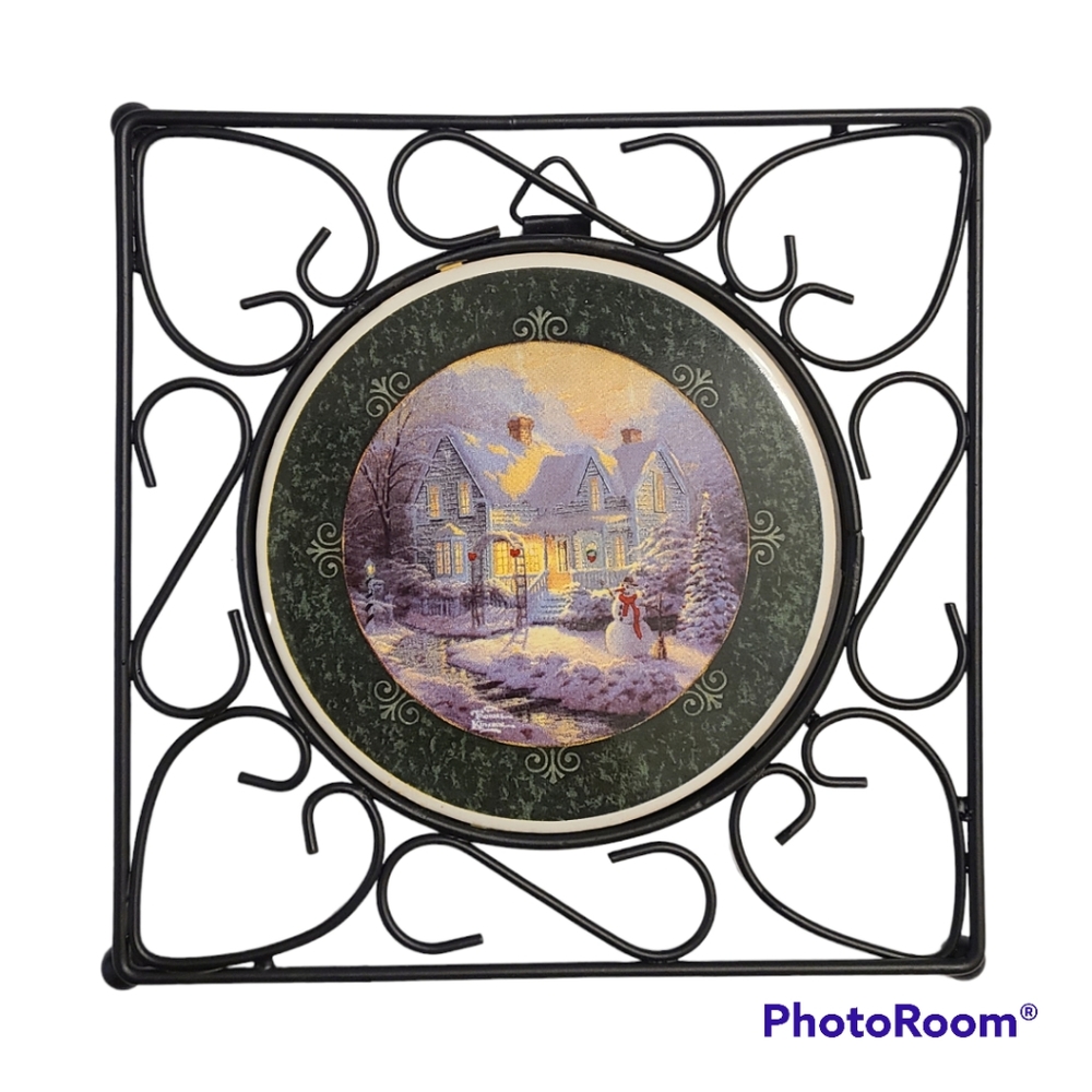 Vintage Thomas Kinkade "Blessings of Christmas" 6" Ceramic Design Metal Trivet